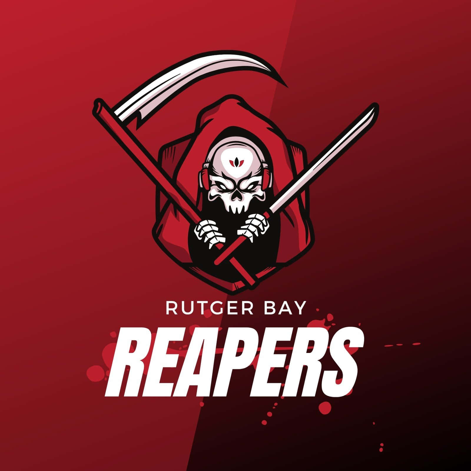 戴紅色連帽的頭骨，手持鐮刀和劍，文字為「Rutger Bay Reapers」。