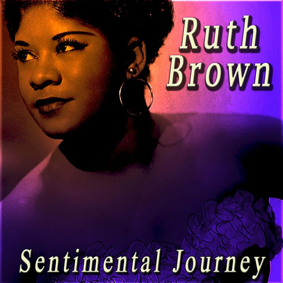  壁紙 — Ruth Brown 的風格化肖像，帶有溫暖燈光和紫色背景，文字為「Sentimental Journey」。