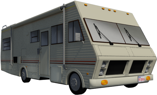 《絕命毒師》風格RV車模V3D 壁紙 — 一輛米色復古露營車，帶有紅色條紋和大前窗，孤立地立在純色背景前。
