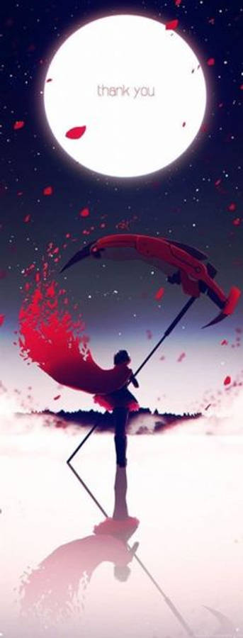 RWBY 4K 動畫手機壁紙 壁紙 — 一個孤獨的身影在發光的月亮下撐著紅色雨傘，花瓣飄落，上方浮現「謝謝你」的字樣。
