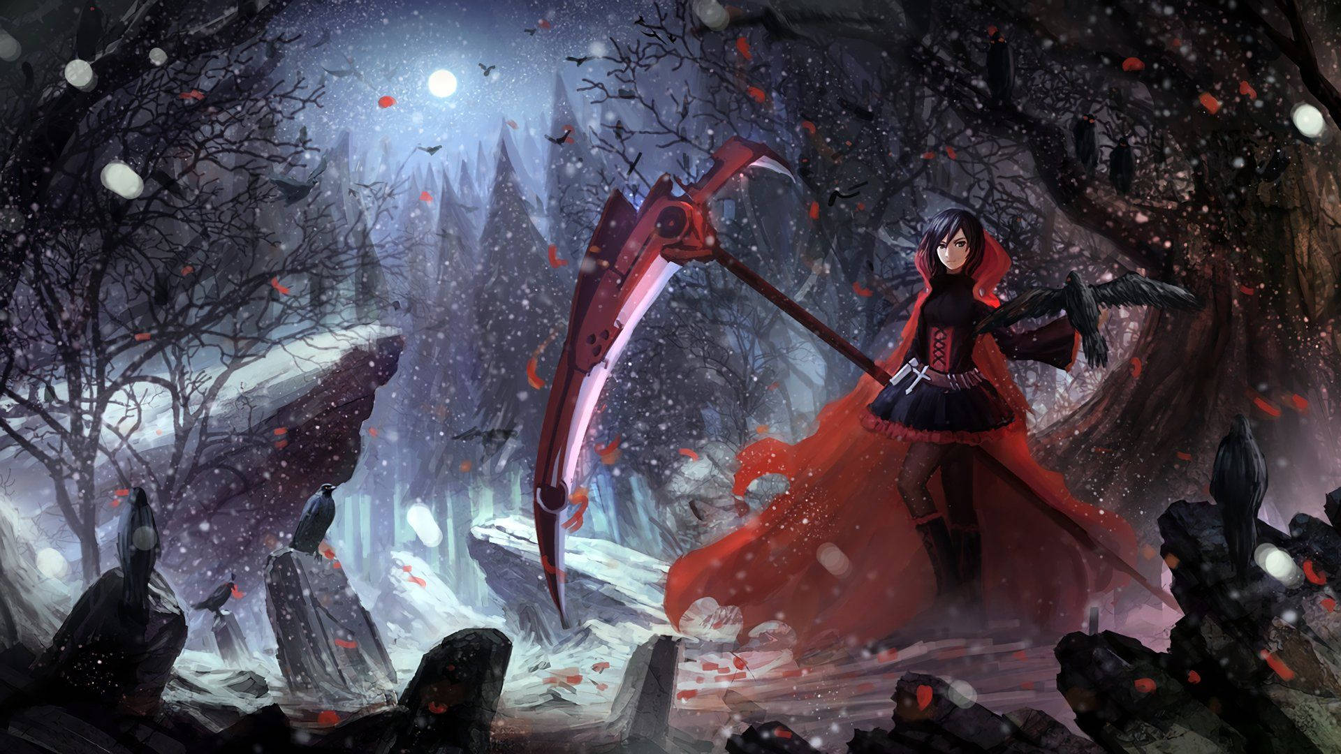 RWBY紅帽小蘿莉奇幻風 壁紙 — 一個黑髮動漫女孩身穿飄逸的紅色斗篷，在月光下的雪地森林中揮舞著巨大的鐮刀，周圍是光禿禿的樹木和飄落的紅色花瓣。