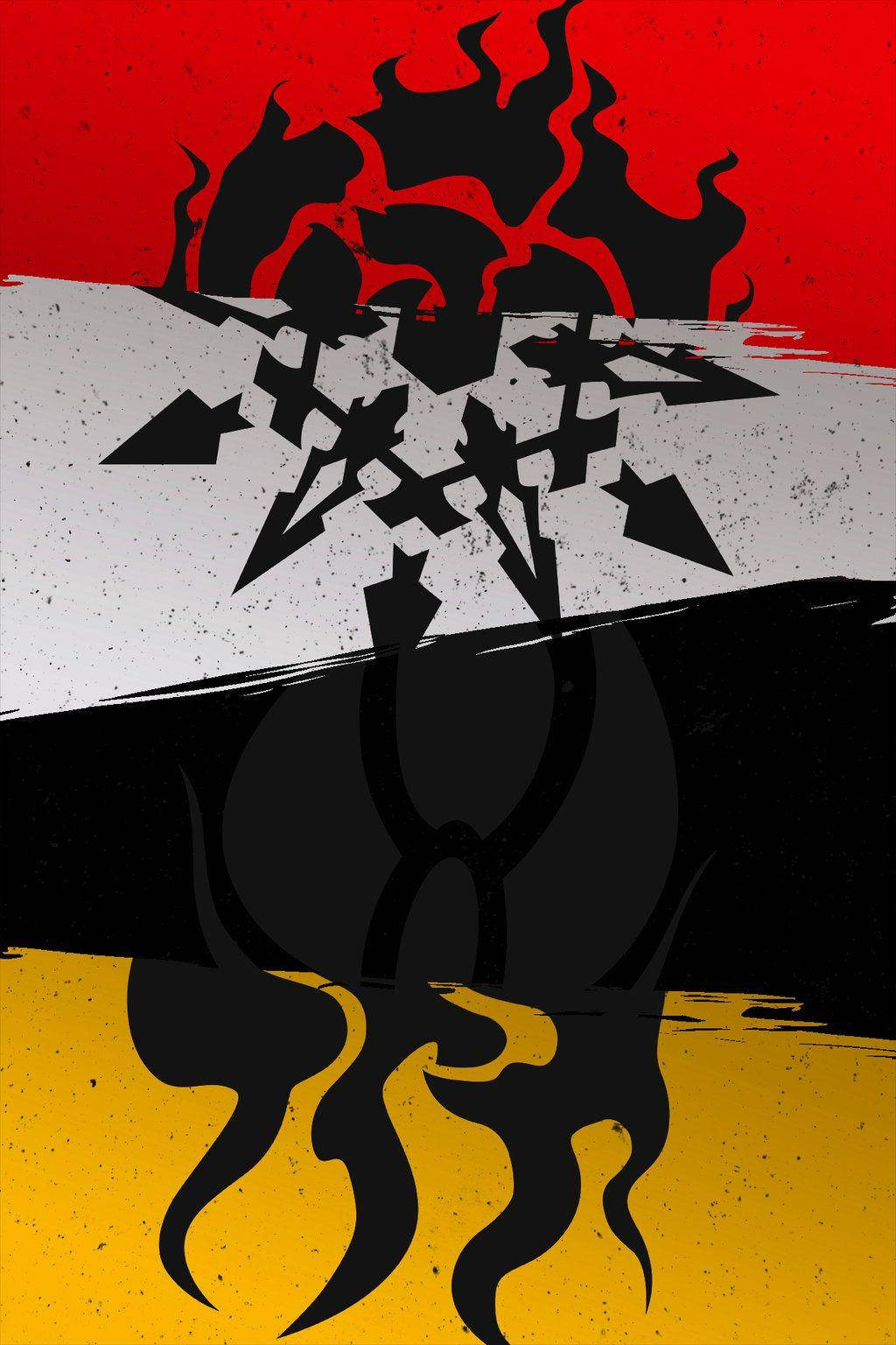 《RWBY》團隊徽章 壁紙 — 一個風格化的抽象構圖，黑色火焰在紅色、白色和黃色背景上，帶有箭頭圖案。