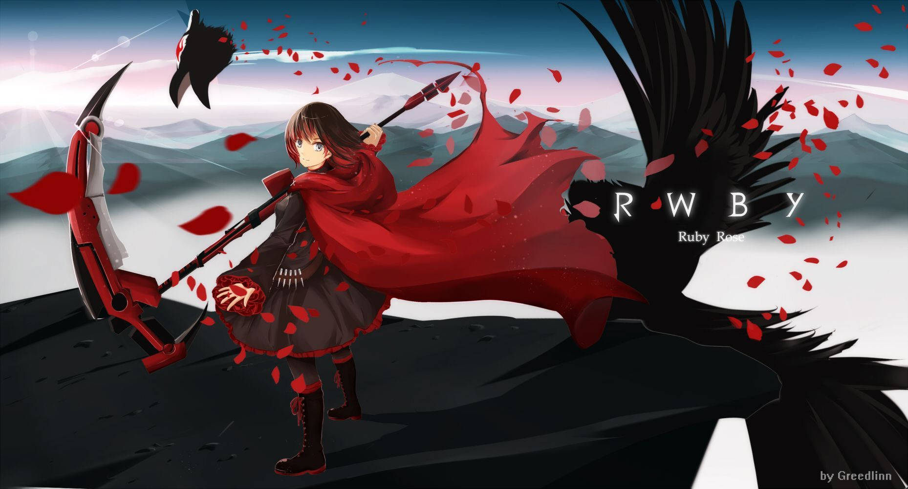 動畫角色Ruby Rose身披紅色斗篷，手持鐮刀，站在暮色中的懸崖上。