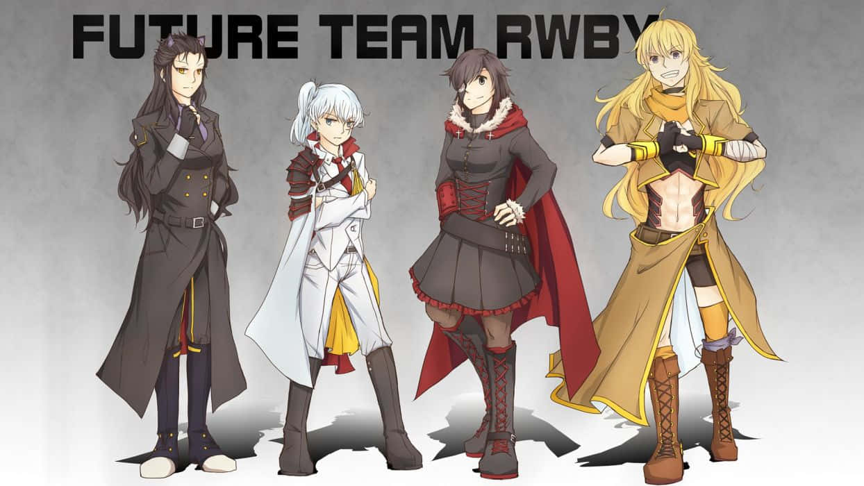 來自 Future Team RWBY 的四個動漫角色穿著精細服裝，手持武器擺姿勢。