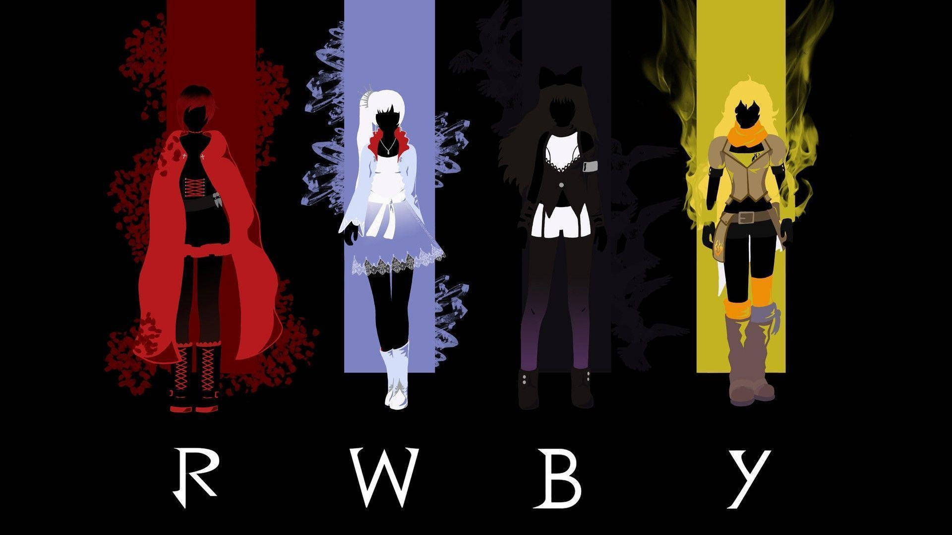 四個動漫角色在不同顏色的面板中，下方有 RWBY 字母。