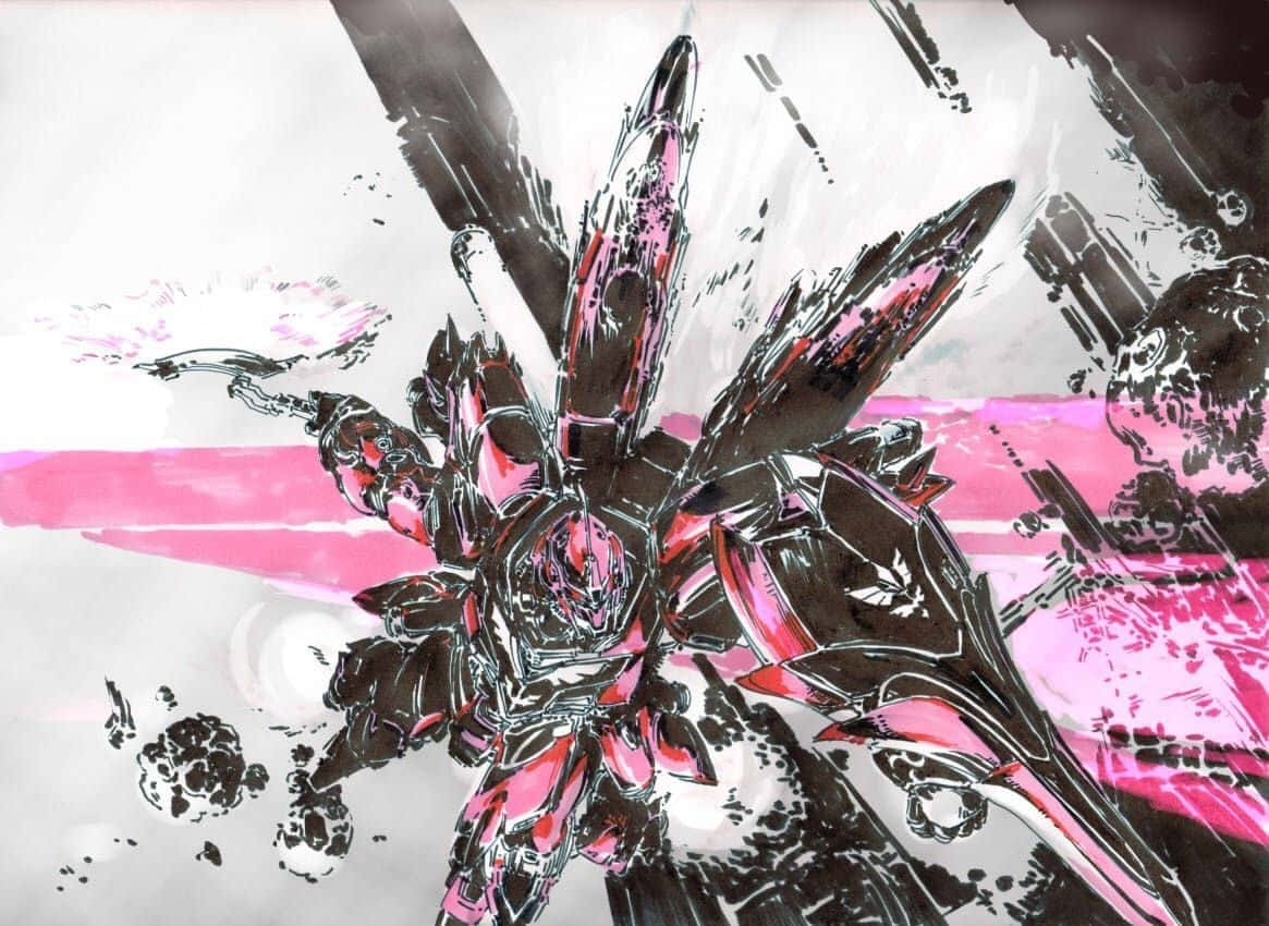 RX-0 獨角獸高達的威脅剪影，以強烈對比與細緻陰影呈現 壁紙 — 一個動態動漫風格機甲，配以粉紅色和黑色裝甲，衝破飛濺的背景。