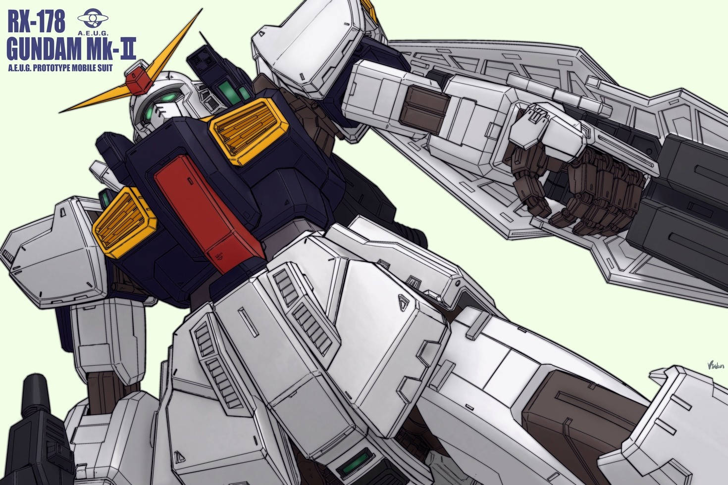 RX-178高達MK-II機動戰士，動漫風格，帶有白色、黃色和紅色點綴。