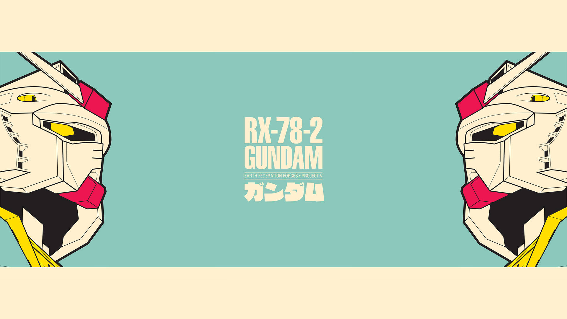 兩個Gundam RX-78-2機械人頭部向內，置中文字在青綠色背景上。 — 機動戰士鋼彈 壁紙