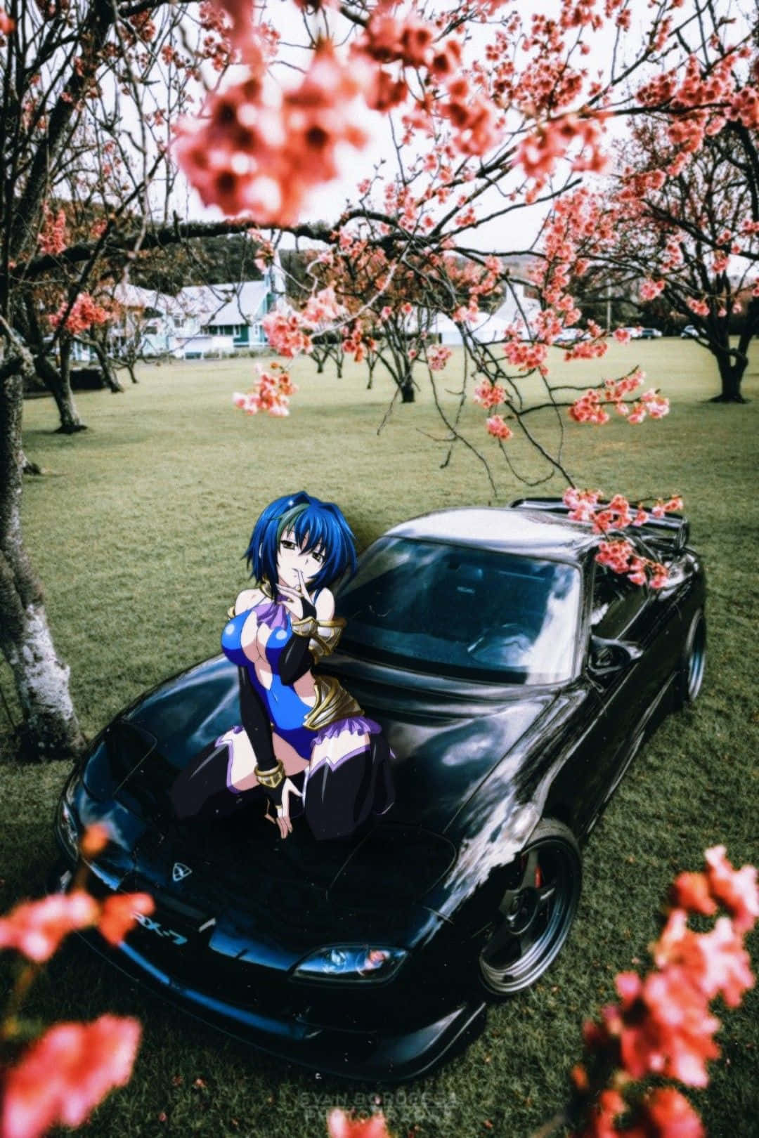 動漫女孩穿著藍色服裝跪在黑色跑車上，櫻花下。