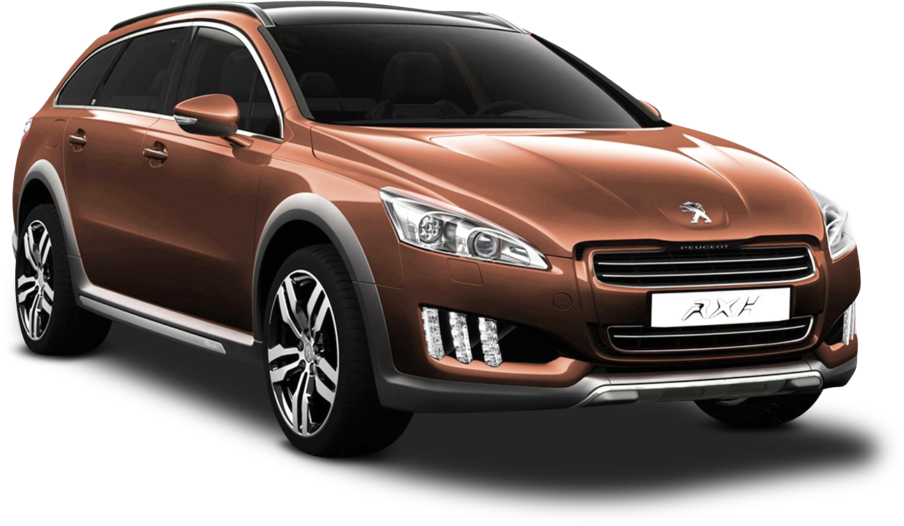 棕色標緻RXH SUV 壁紙 — 一輛光滑的青銅色Peugeot RXH旅行車，帶有銀色飾條和合金輪圈，孤立地立在黑色背景前。