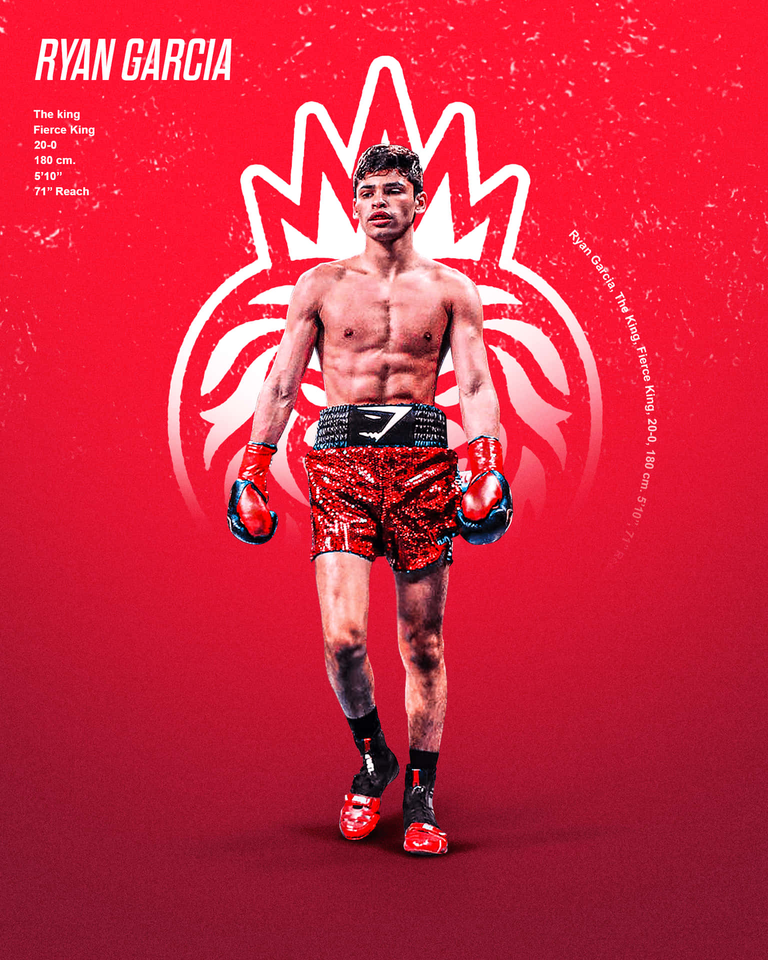 拳擊手 Ryan Garcia 身穿紅色拳擊裝備，身後有皇冠圖案擺姿勢。