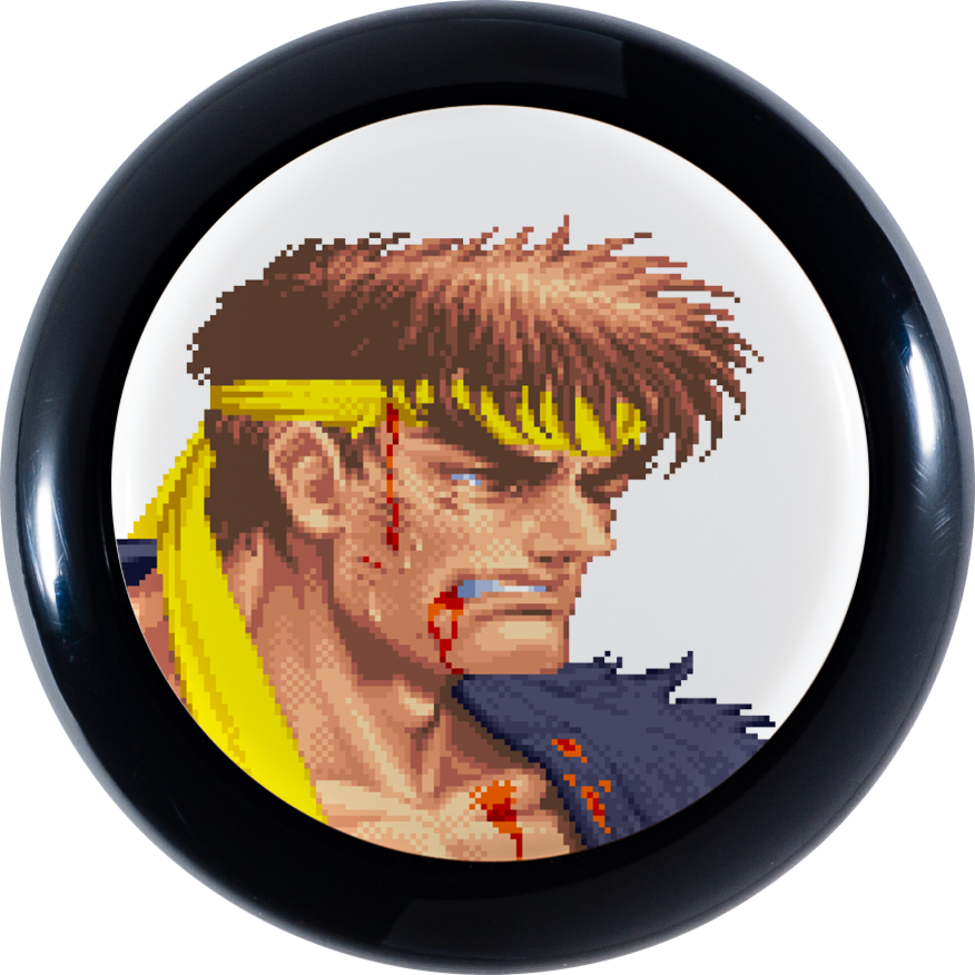 街頭霸王 Ryu 像素藝術 壁紙 — 像素藝術肖像，描繪一名頭戴黃色頭帶、血跡斑斑的戰士，置於圓形徽章框架內。