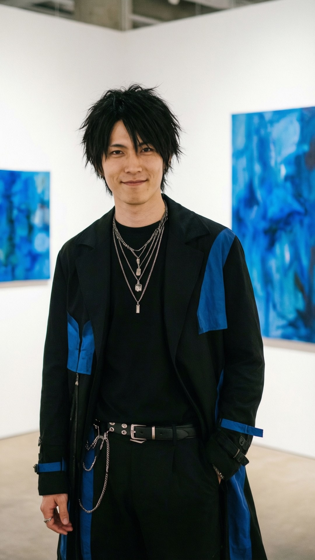 穿著帶藍色拼接的黑色外套和銀色項鍊的男人站在藝術畫廊
