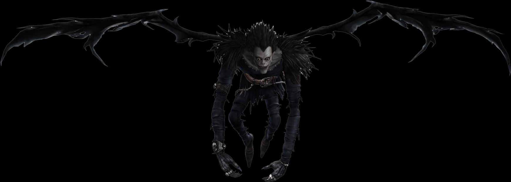 死亡筆記本 Ryuk 恐怖姿勢 壁紙 — 一個長有黑色翅膀、頭髮尖刺、骷髏面孔的人形身影，漂浮在純黑背景上。