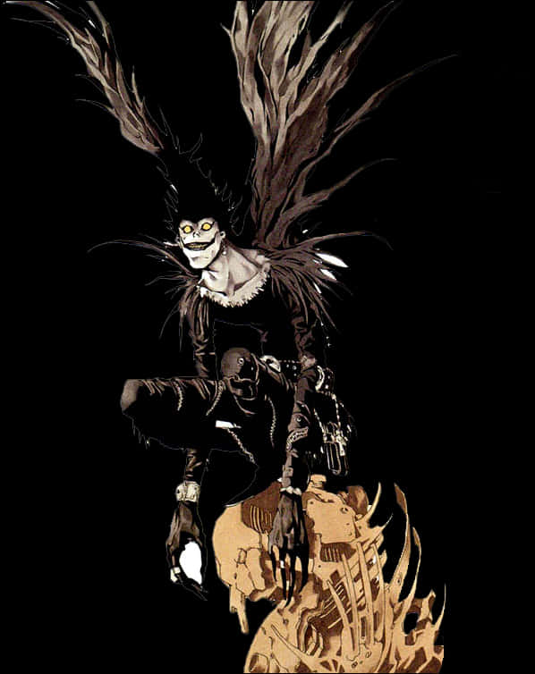 死亡筆記本角色 Ryuk 壁紙 — 一個帶有骷髏臉和羽毛翅膀的威脅性動漫角色，棲息在黑色虛空中的燃燒頭骨上。