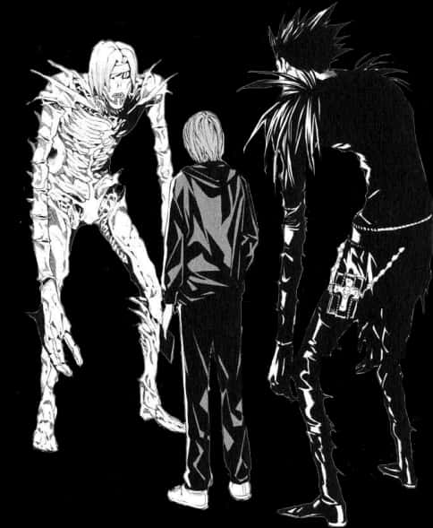 死亡筆記本 Ryuk 與角色 壁紙 — 三個動漫角色站在黑色背景前，一個骷髏，一個穿連帽衫，一個有尖刺頭髮和武器