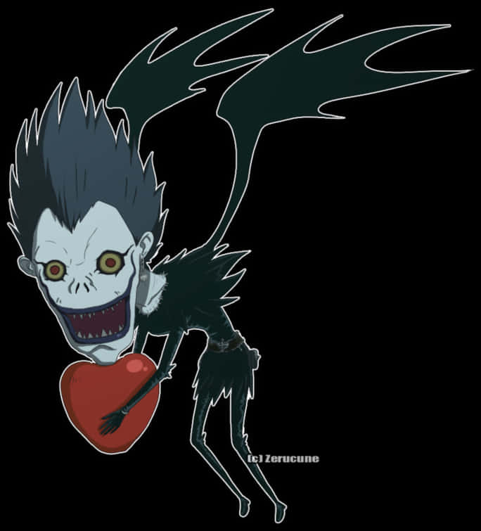 死亡筆記本 Ryuk 與蘋果 動漫角色 壁紙 — 一個有尖刺頭髮和蝙蝠翅膀的Q版動漫角色在黑色背景前拿著一顆紅心。