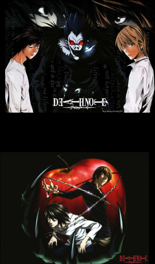 死亡筆記本 Ryuk 與角色 壁紙 — 兩個動漫角色在黑暗背景中對峙一個帶有發光眼睛和文字的威脅性面具人物。