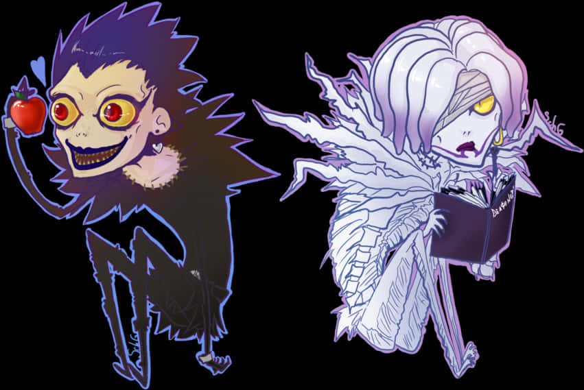 死亡筆記本 Ryuk 與 Rem 壁紙 — 兩個Q版動漫角色，一個拿著紅蘋果，另一個拿著書本，背景為黑色。