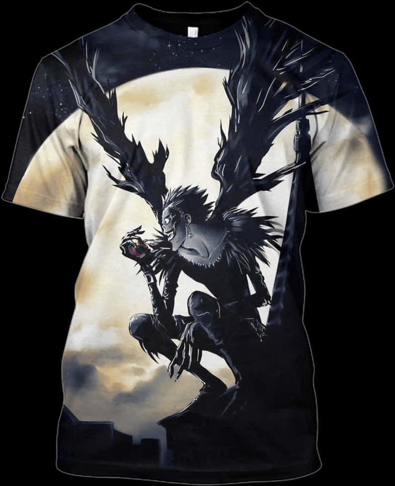 死亡筆記本 Ryuk T恤設計 壁紙 — 一件深色動漫風格T恤，描繪一個有翼惡魔般的人物蹲伏在發光的月亮背景前。
