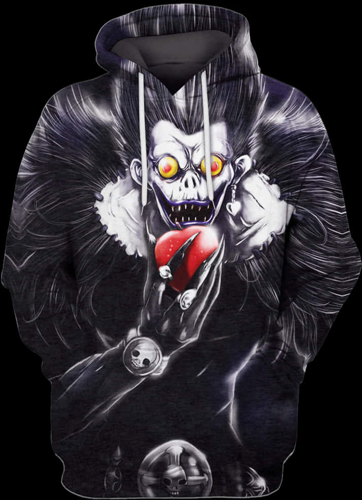死亡筆記本 Ryuk 帶帽衫設計 壁紙 — 一件黑色連帽衛衣上印有一個骷髏圖案，雙眼發出黃光，在黑暗背景中緊握著一顆紅心。