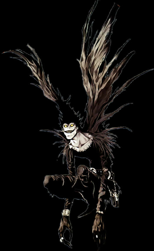 死亡筆記本 Ryuk 死神插畫 壁紙 — 一個骨骼動漫角色，有著發光的黃色眼睛和羽毛翅膀，蹲在黑色背景前。