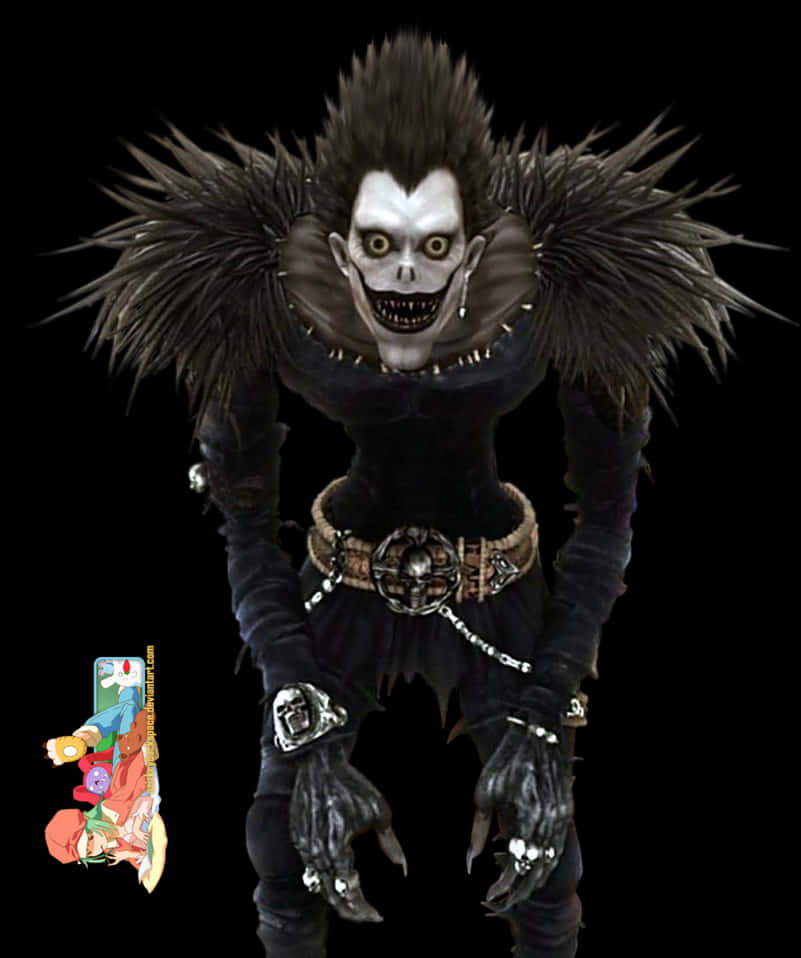 死亡筆記本 Ryuk 角色 壁紙 — 一個帶有尖刺黑髮和咧嘴笑的可怖動漫角色站在黑色背景前。