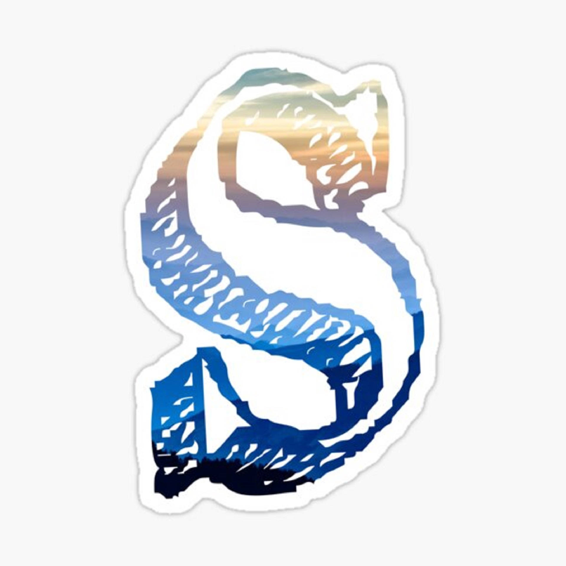 白色背景藍色字母S繪畫 壁紙 — 一個風格化的字母S，充滿漸變的日落天空和海洋波浪。