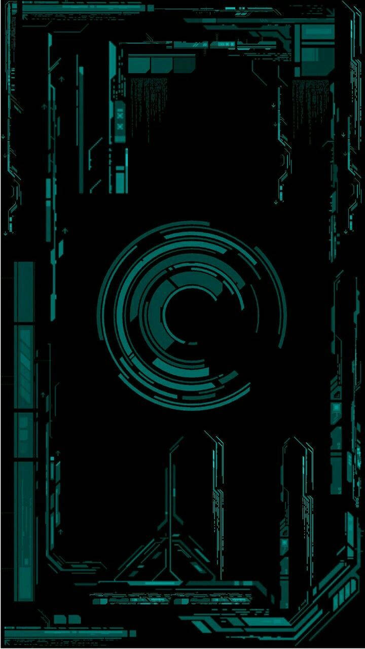 S.H.I.E.L.D. 頭戴顯示器漫威手機壁紙 壁紙 — 一個未來感的青綠色數位介面，帶有發光電路和同心圓環，背景為黑色。