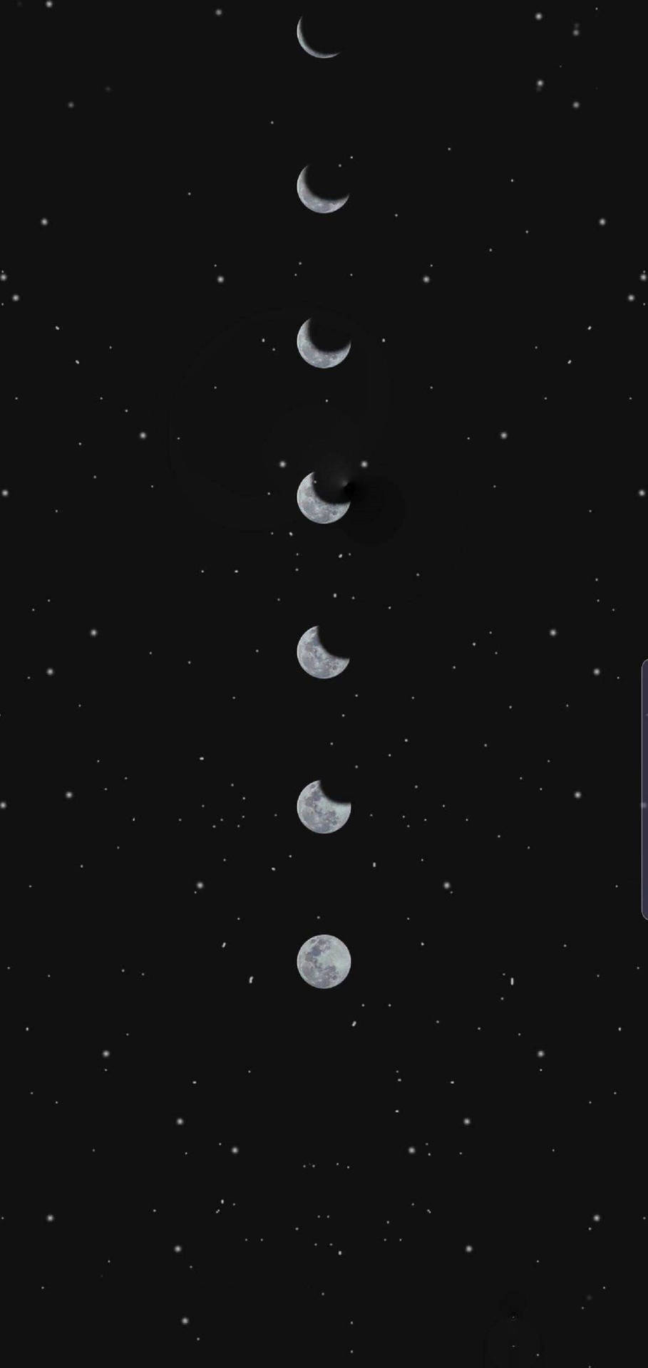 從新月到滿月的月相以垂直序列顯示，背景是星空夜空。