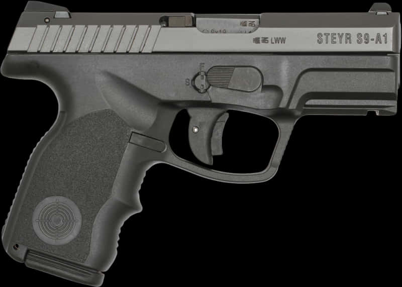 斯泰爾S9-A1手槍 壁紙 — 一支時尚的灰色Steyr S9-A1手槍以側面輪廓展示，背景為純黑色，帶有細緻紋理和雕刻標記。