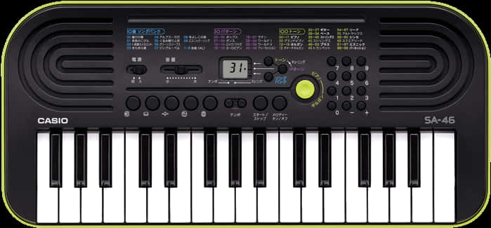 卡西歐SA-46便攜式鍵盤 壁紙 — 黑色 Casio SA-46 鍵盤，帶有白色和黑色琴鍵、控制按鈕和顯示31的數字顯示屏。