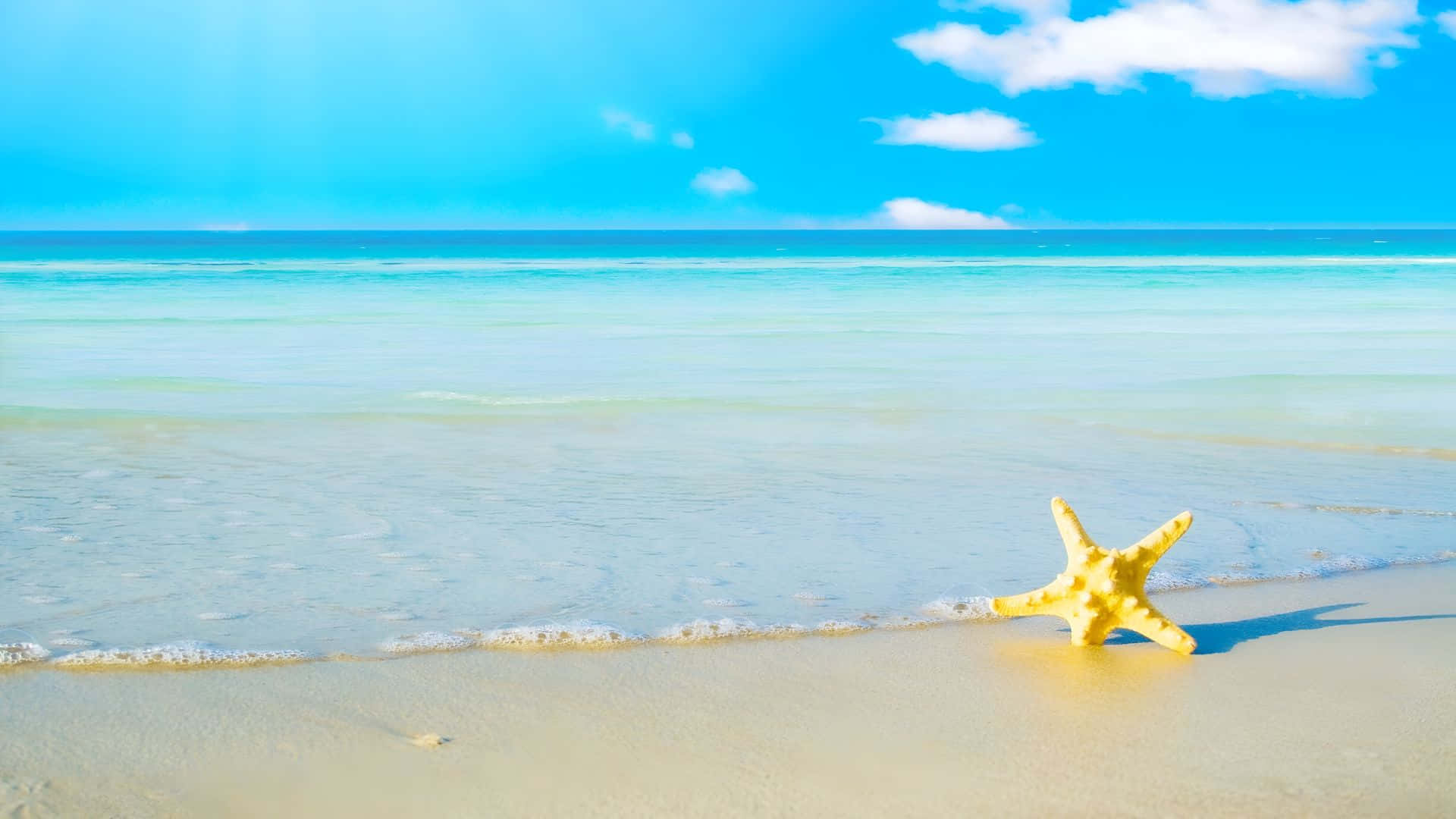  壁紙 — 一隻明亮的黃色海星在清澈藍天下，於碧綠海浪邊緣的柔軟白沙上休息。