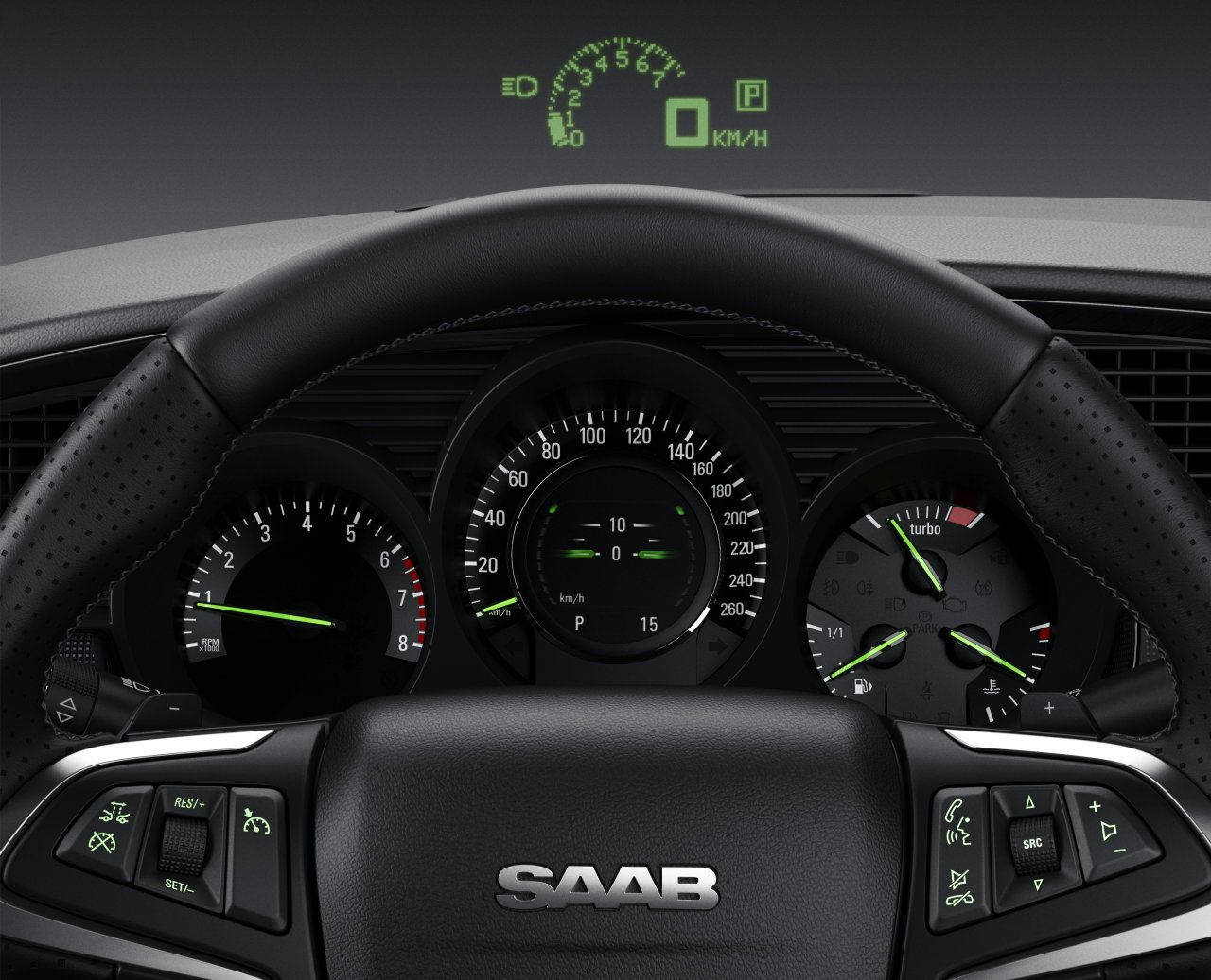 Saab 汽車內飾儀表板，帶有發光的綠色儀表和控制器。