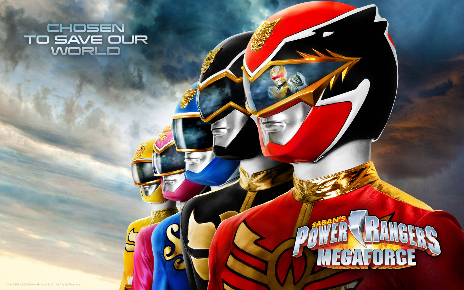 Saban's 戰隊忍者 Megaforce 壁紙 — 五位身穿彩色盔甲的恐龍戰隊在暴風雨的天空下以戲劇性的燈光英勇站立。