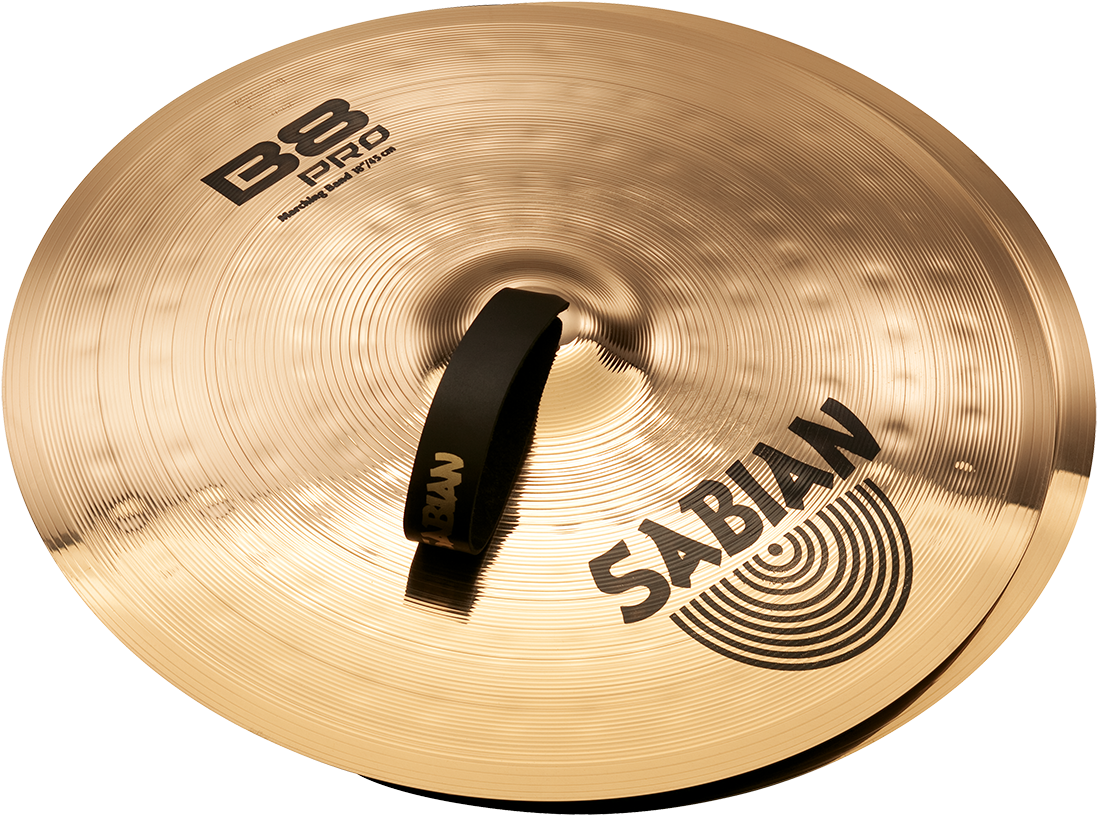 金色Sabian镲片 壁紙 — 金色Sabian B8 Pro 14吋行進碎音鈸配黑色硬件，在黑色背景上的特寫。