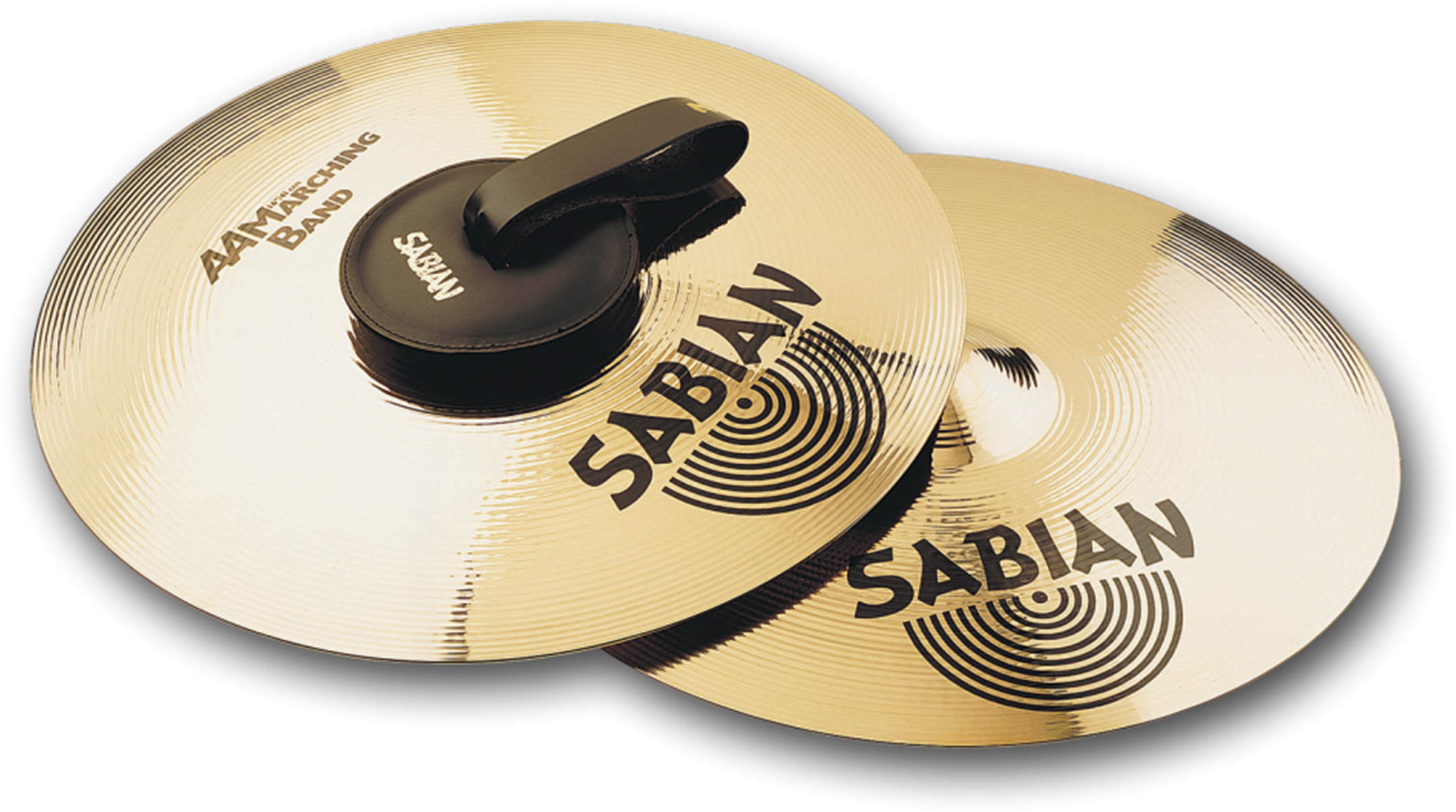Sabian镲片配練習墊 壁紙 — 兩個金色Sabian行進樂隊鈸，帶有黑色標誌和黑色硬件，放置在黑色背景上。