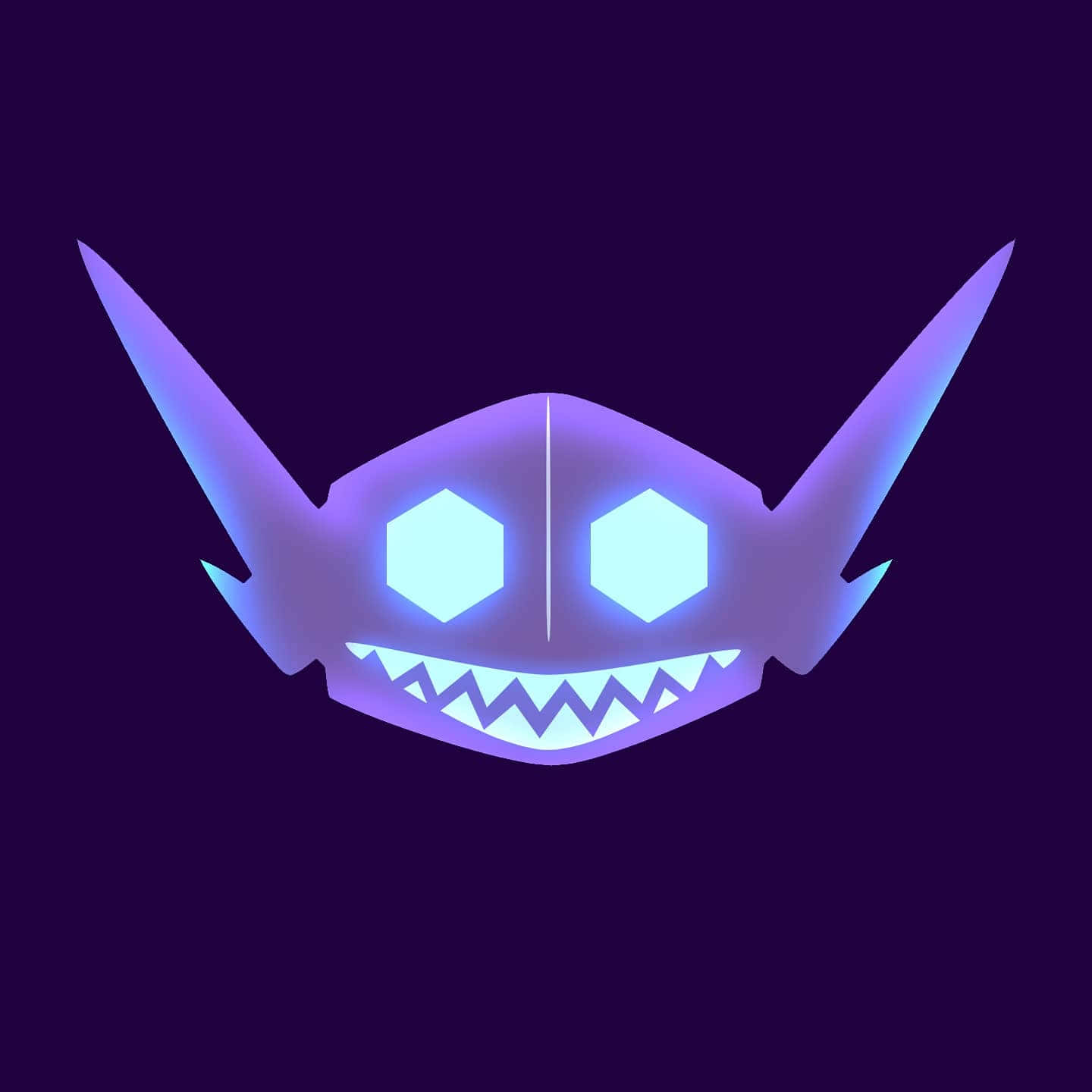 Sableye 的頭部 壁紙 — 一個發光的紫色風格化頭骨，帶有六邊形眼睛和鋸齒狀牙齒，背景為深紫色。