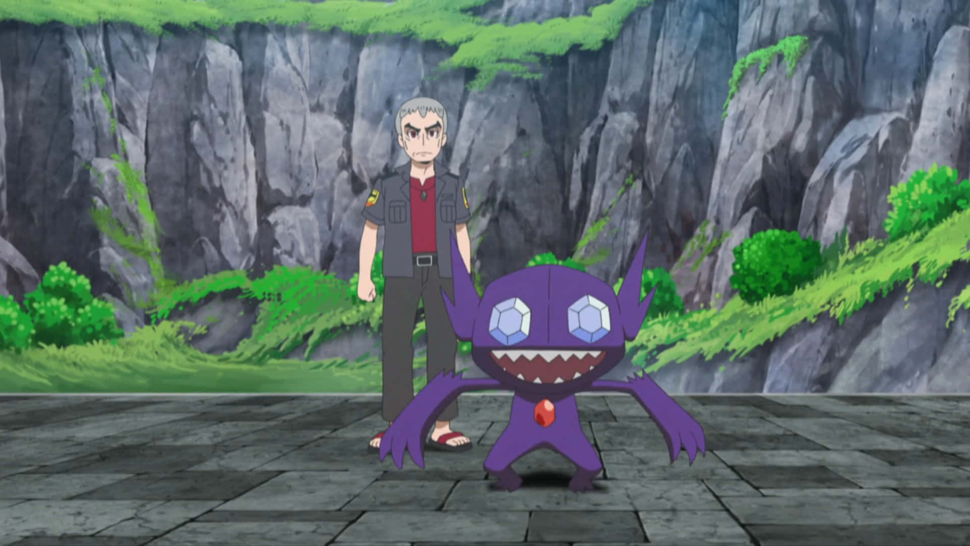 Sableye 與 阿奧教授 壁紙 — 一隻紫色動漫生物擁有鑽石眼睛，站在一個嚴肅的男人旁邊，在一個佈滿青苔的懸崖前的石台上。