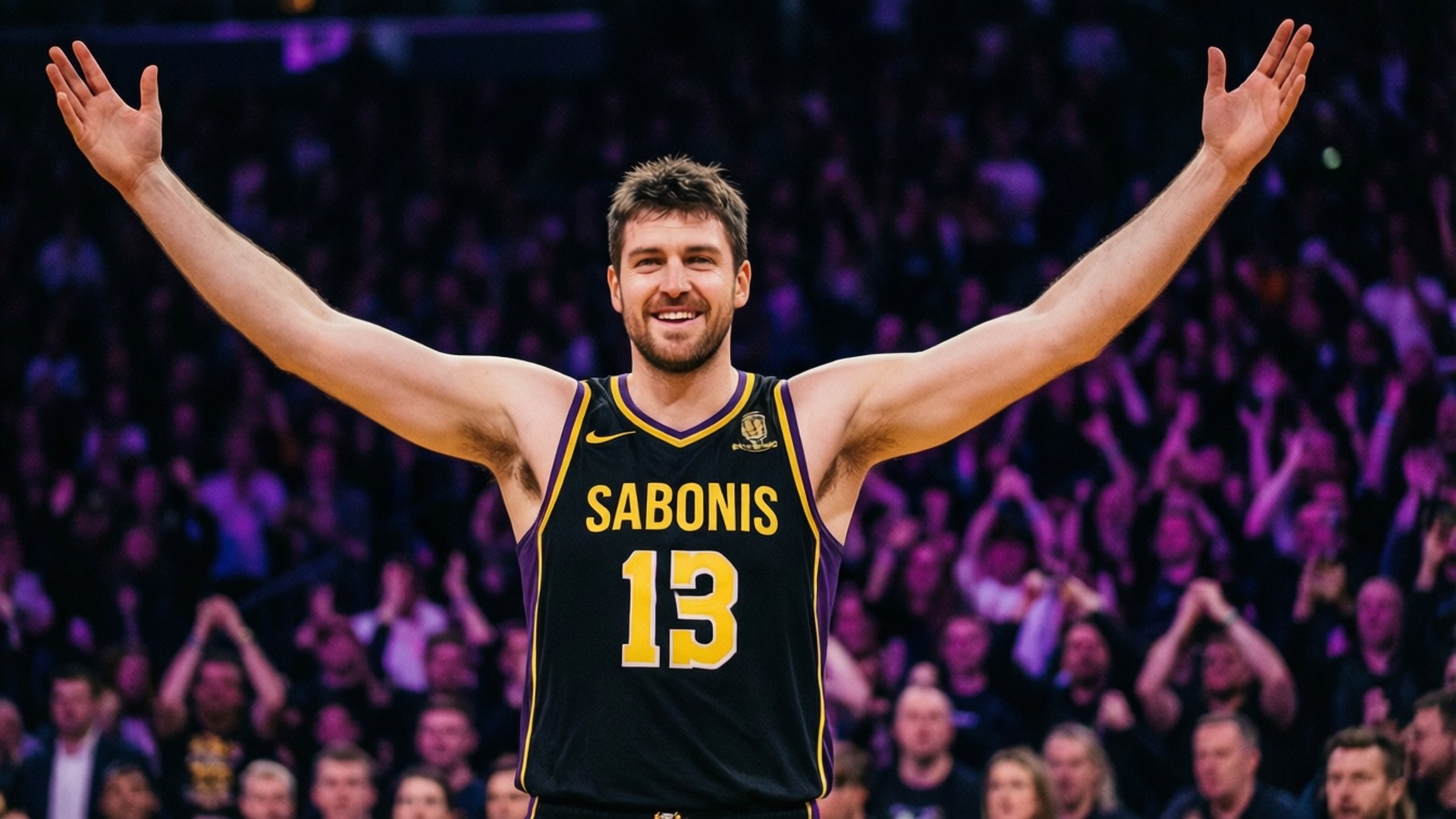 籃球運動員Sabonis 13號在擠滿人的場館中高舉雙臂慶祝。