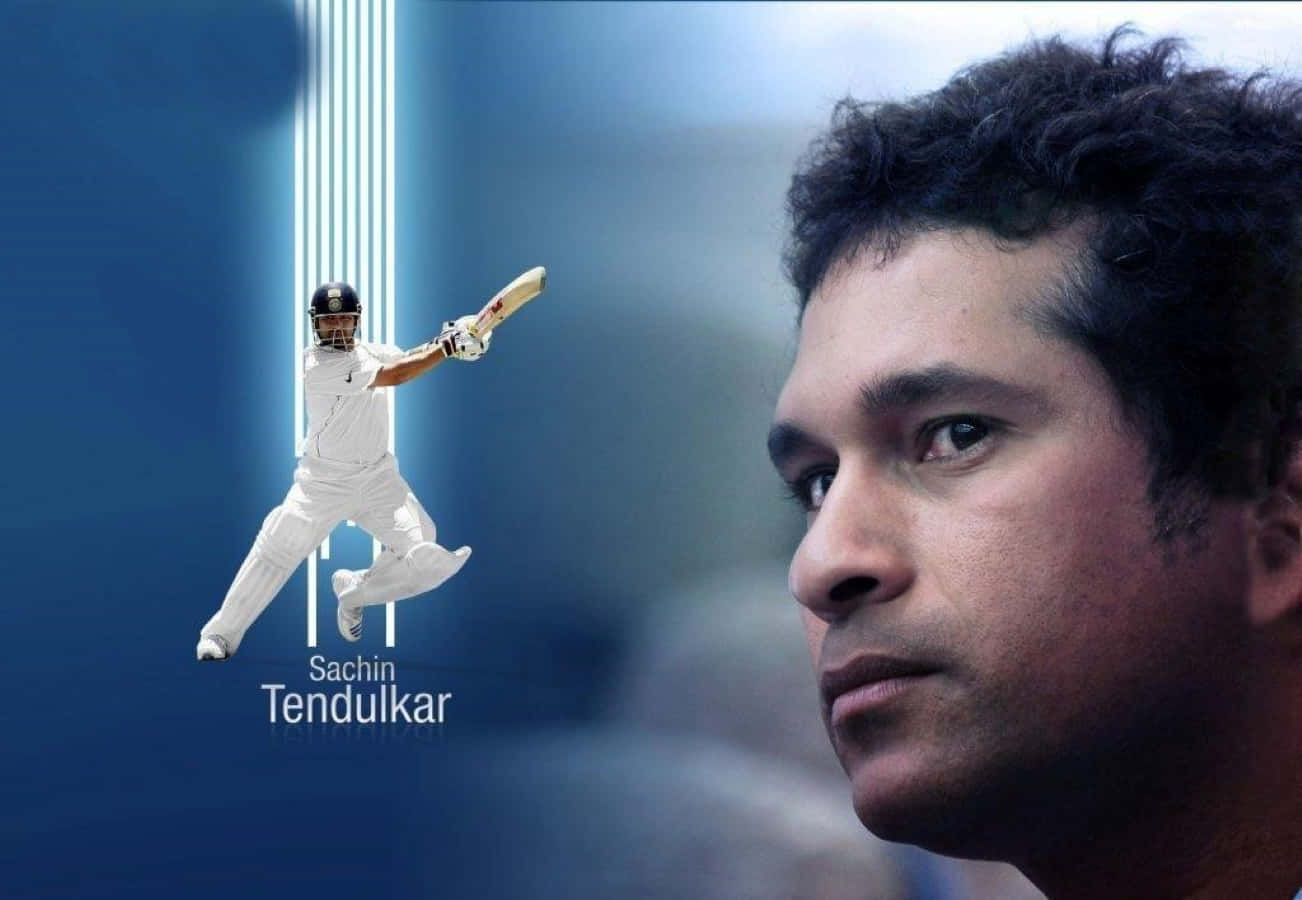 Sachin Tendulkar 桌布 壁紙 — Sachin Tendulkar 的肖像，旁邊是他穿著白色板球裝備、在藍色背景前揮桿的風格化圖形。