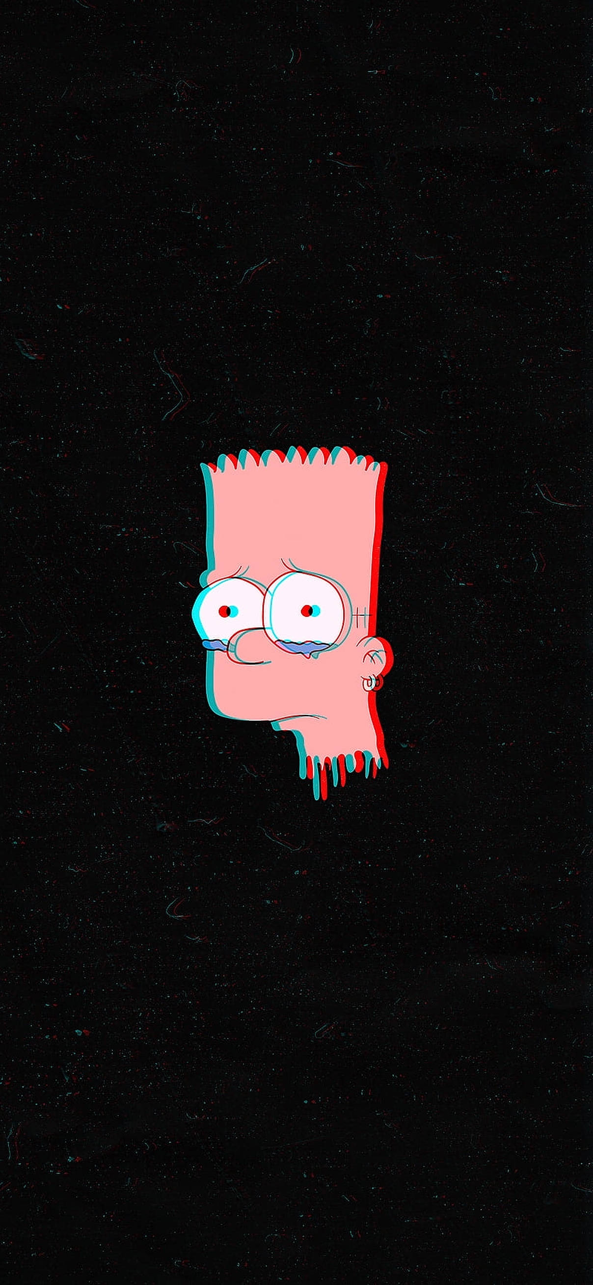 Sad Bart Simpsons 粉紅頭 壁紙 — 巴特·辛普森的頭部漂浮在帶有故障效果紅色和青色邊緣的深色紋理背景上。
