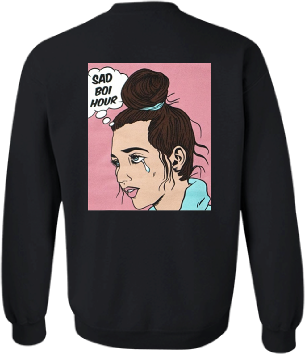 Sad Boi Hour連帽衫設計 壁紙 — 一件黑色衛衣展示了一個流行藝術插圖，描繪一個哭泣的女人，對話框寫著「SAD BOI HOUR」，背景為粉紅色。