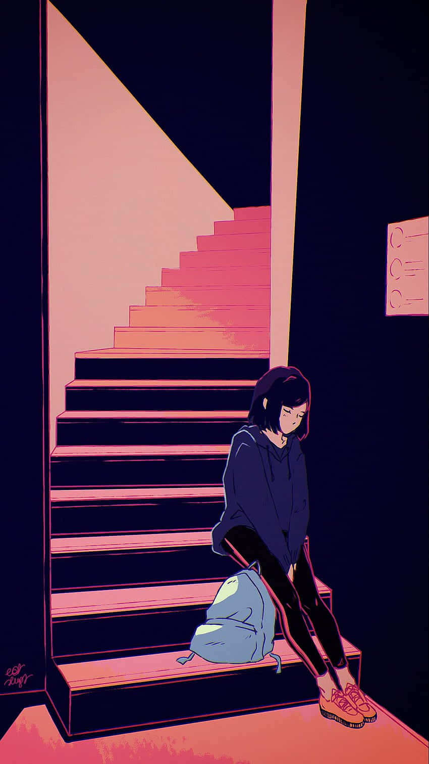 Sad Vibes 動畫女孩 壁紙 — 一個孤獨的身影坐在發光的粉紅色樓梯上，沐浴在戲劇性的霓虹燈光中，背景是黑暗的室內牆壁。