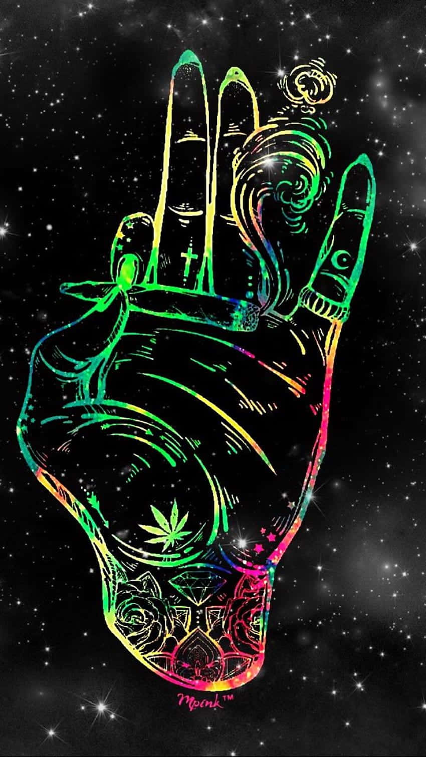 霓虹插圖手，帶有紋身，背景是星光夜空。
