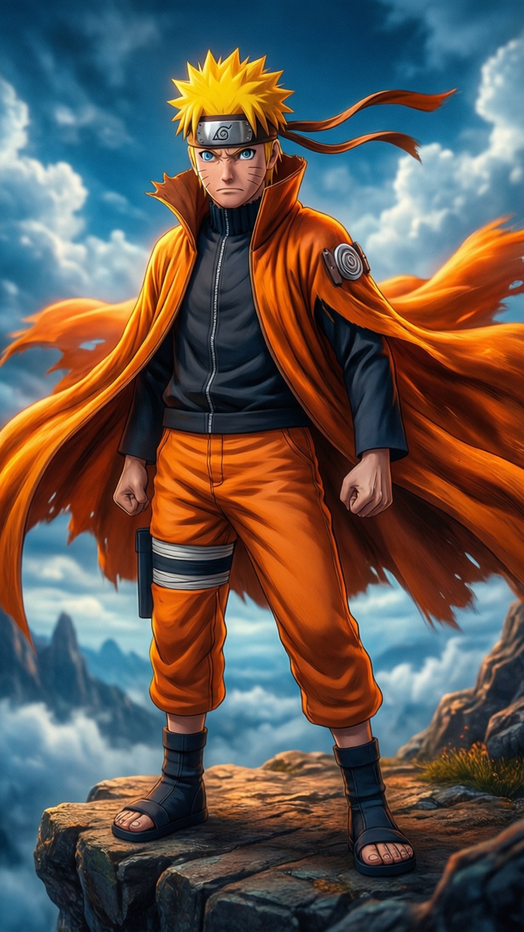 鳴人處於 Sage Mode，俯瞰壯麗天空 壁紙 — 漩渦鳴人自信地站在岩石懸崖上，他的橙色斗篷在戲劇性的多雲天空中飄揚。
