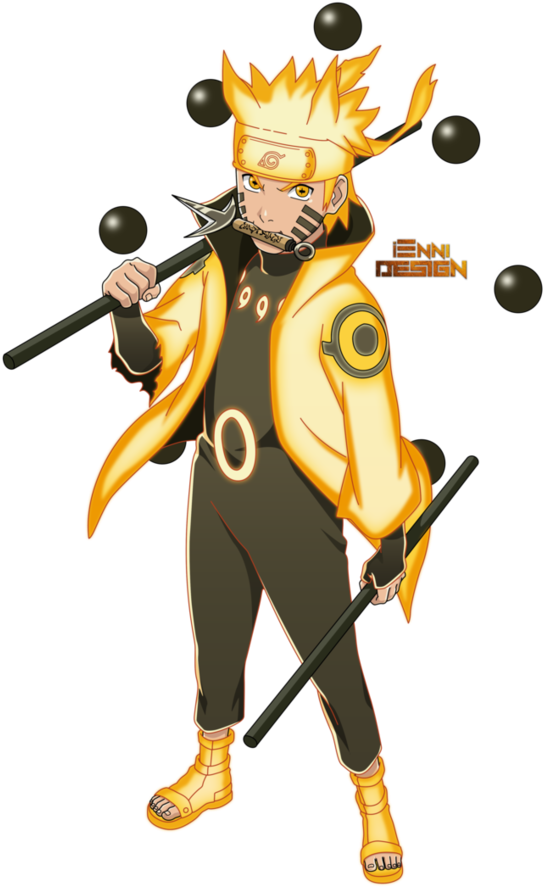 漩渦鳴人 Sage Mode 姿勢 壁紙 — 動畫角色鳴人穿著黃色和黑色忍者服，手持苦無，周圍漂浮著黑色球體。