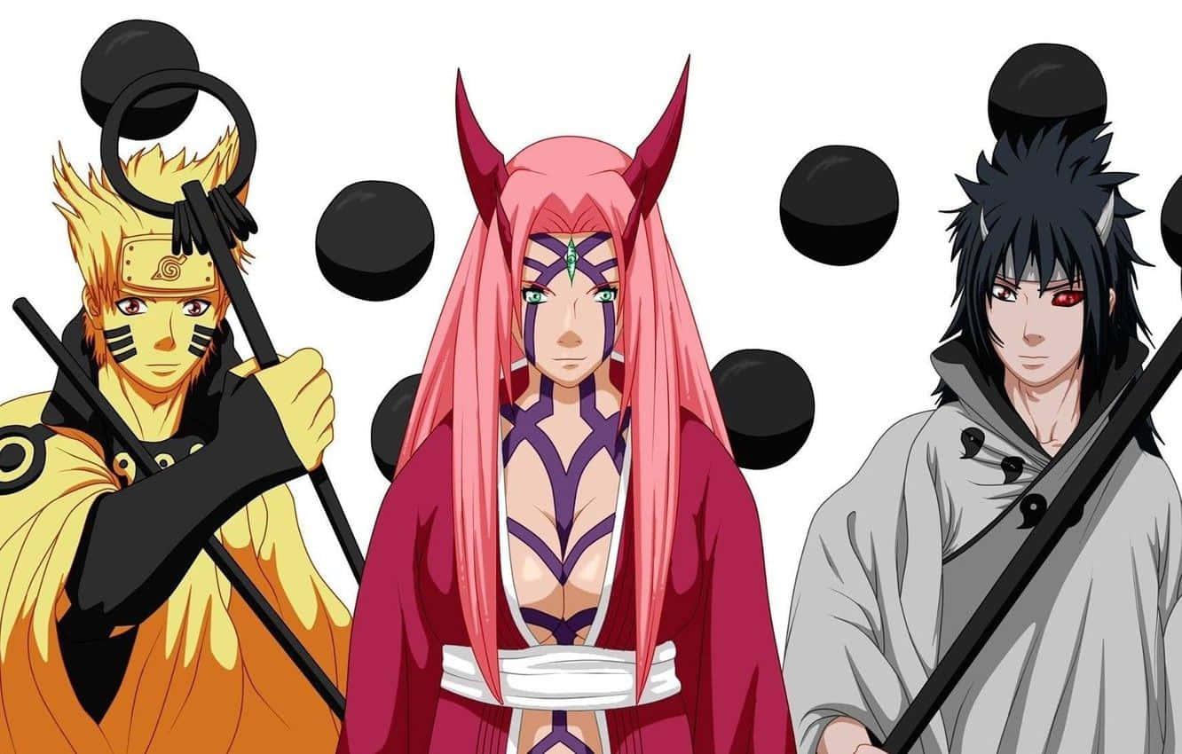 鳴人轉化為 Sage Mode 準備最終決戰 壁紙 — 三個擁有不同髮色和武器的動漫角色站在白色背景前，背景中有漂浮的黑色球體。