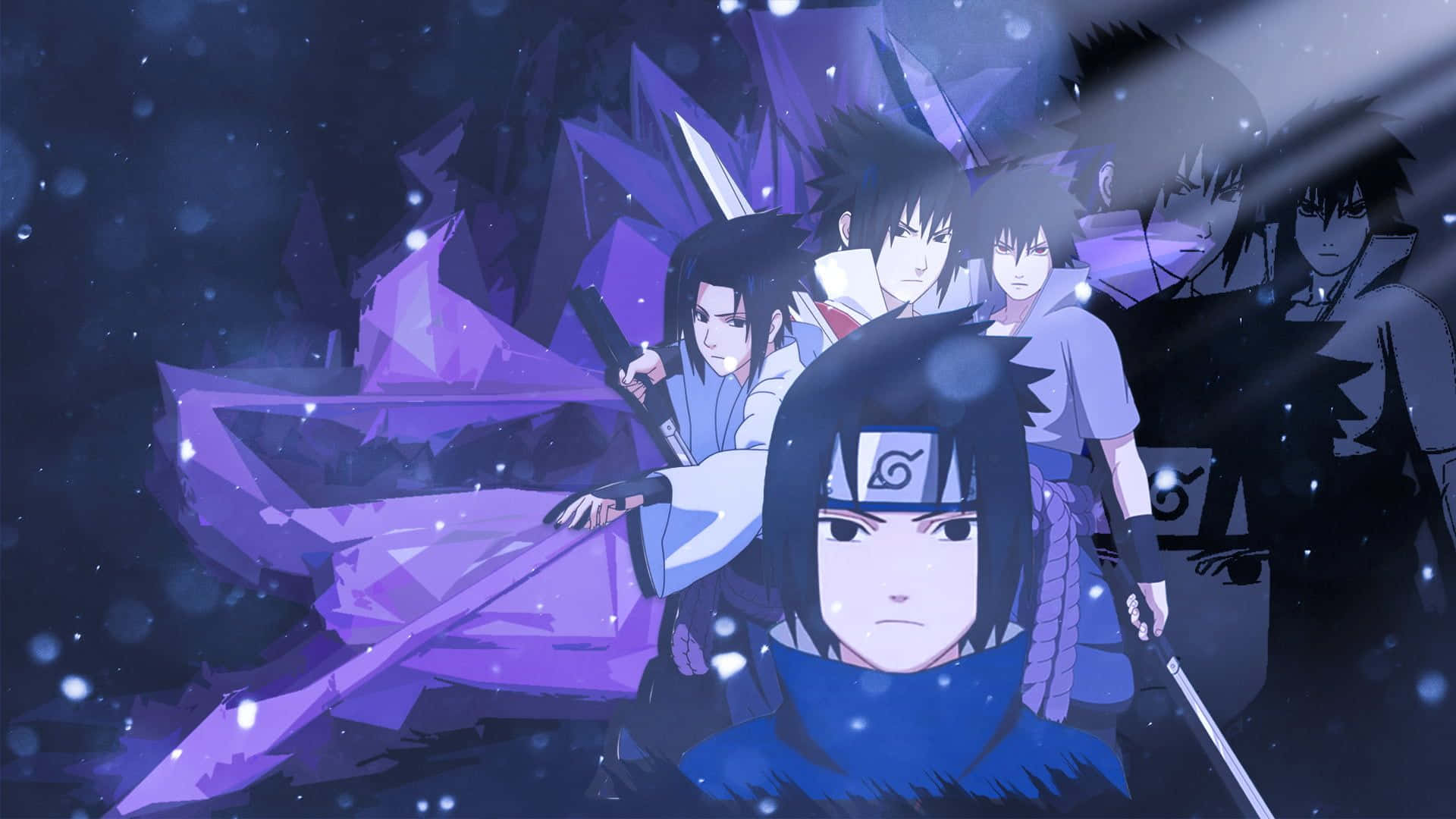 紫髮佐助，開啟 Sage Mode 的強大姿態 壁紙 — 動漫角色站在發光的紫色水晶碎片中，背景是黑暗的星空和漂浮的粒子。