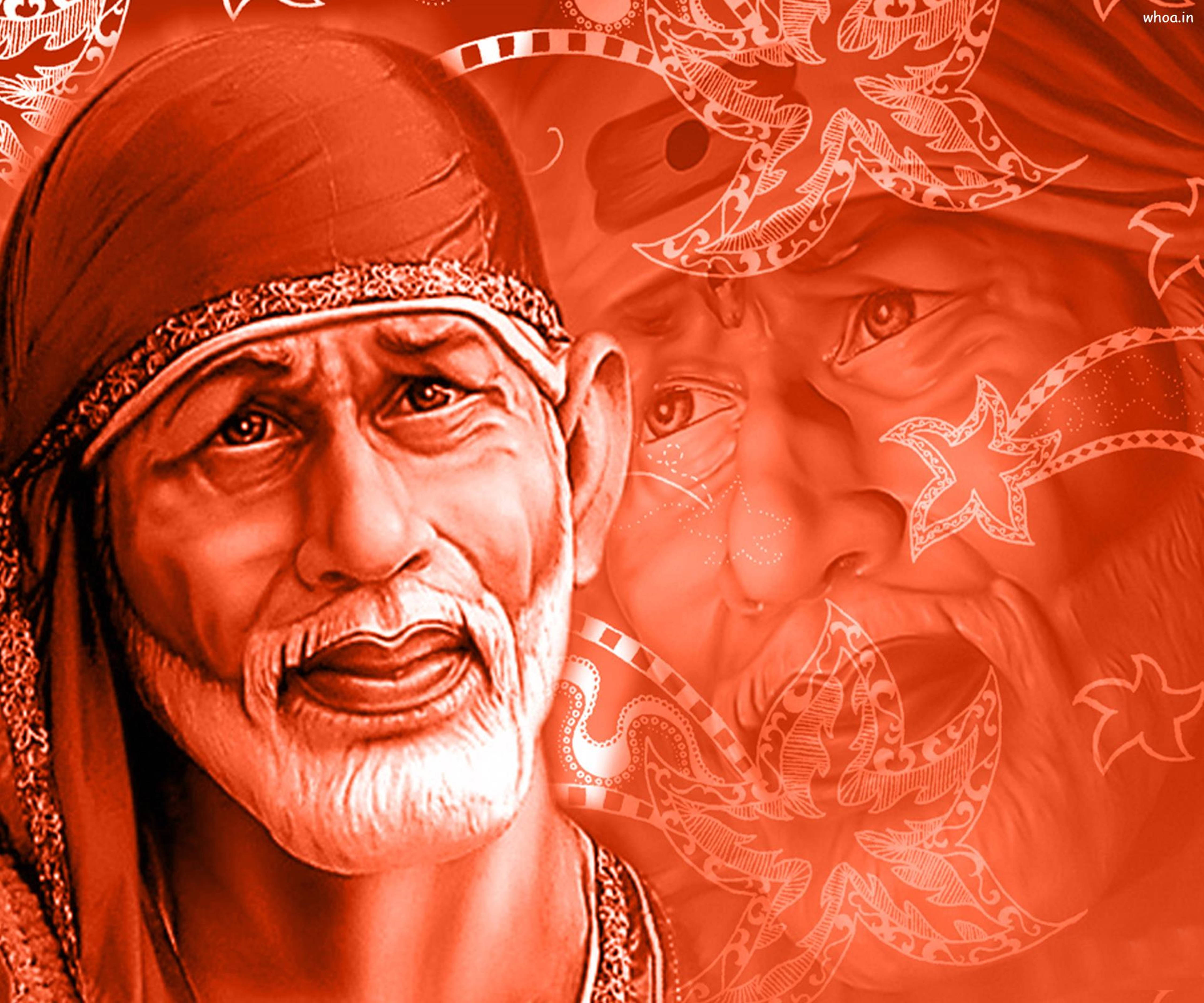 Sai Baba 精緻藝術 4K 壁紙 — 一位戴頭巾和鬍鬚的老年男性的紅色調數位肖像，疊加了風格化的靈性圖案和幽靈般的面部特徵。